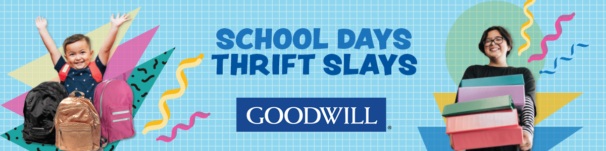 School Days, Thrift Slays - a young boy with a three backpacks and teen with 6 binders.