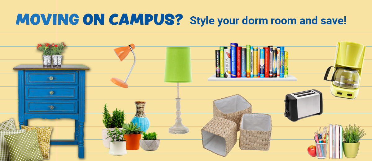 Moving on campus? Style your dorm room and save! A menagerie of dorm items such as cubes, coffee pot, plants and pillows
