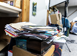 Stack of paper and unopened bills in a basement.