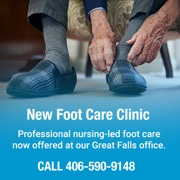 Man reaching for his foot with information about New Foot Care Clinic.